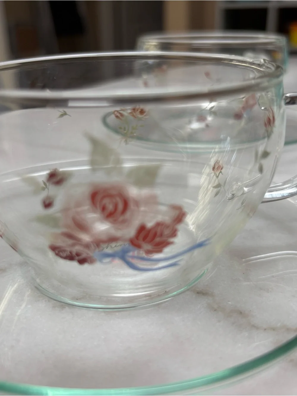 Made in Japan Clear Glass Teacup and Saucer Set with Red Rose Design